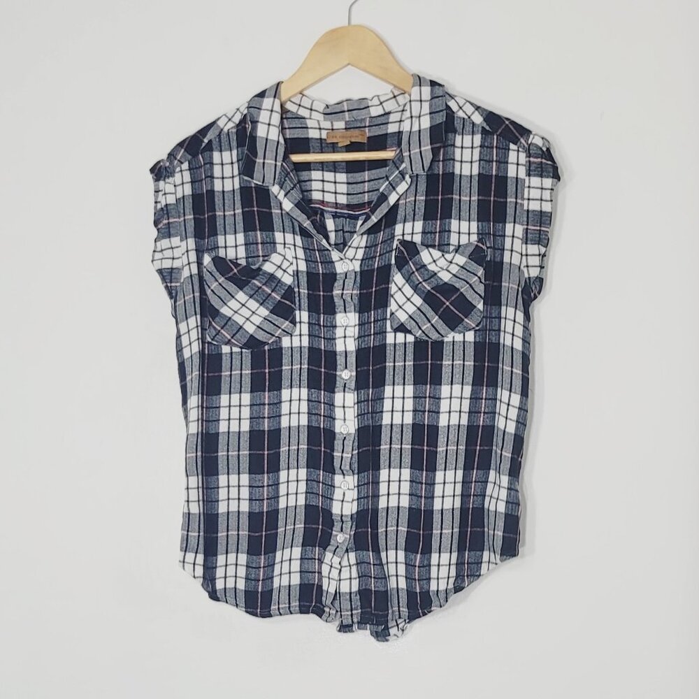 JACHS Girlfriend Women's Black White Plaid Cap Sleeve Button-Down Shirt Size XL